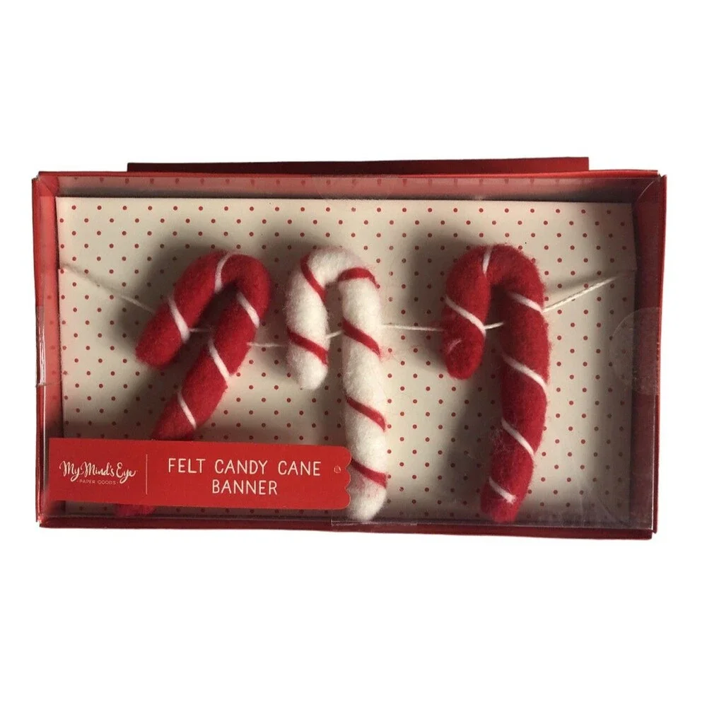 Minds Eye Christmas 20 Felt Candy Canes 7 Ft Tree Mantle Garland Wool Red White